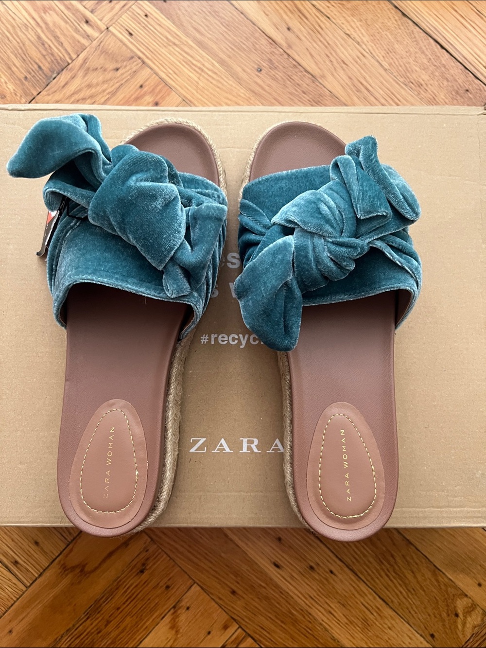 Zara Teal Velvet Knot Slide Sandals, Size 8/ 39